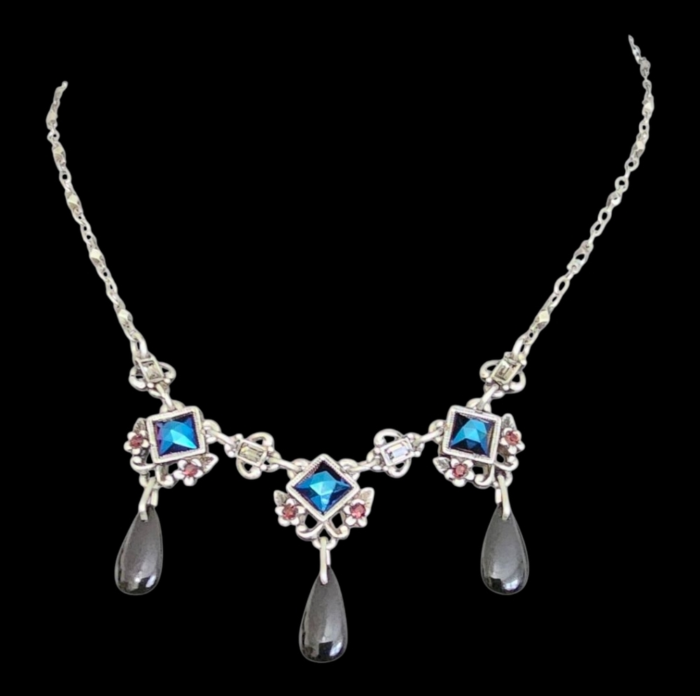 Sweet Romance Silver Tone Necklace with Blue and Black Accents